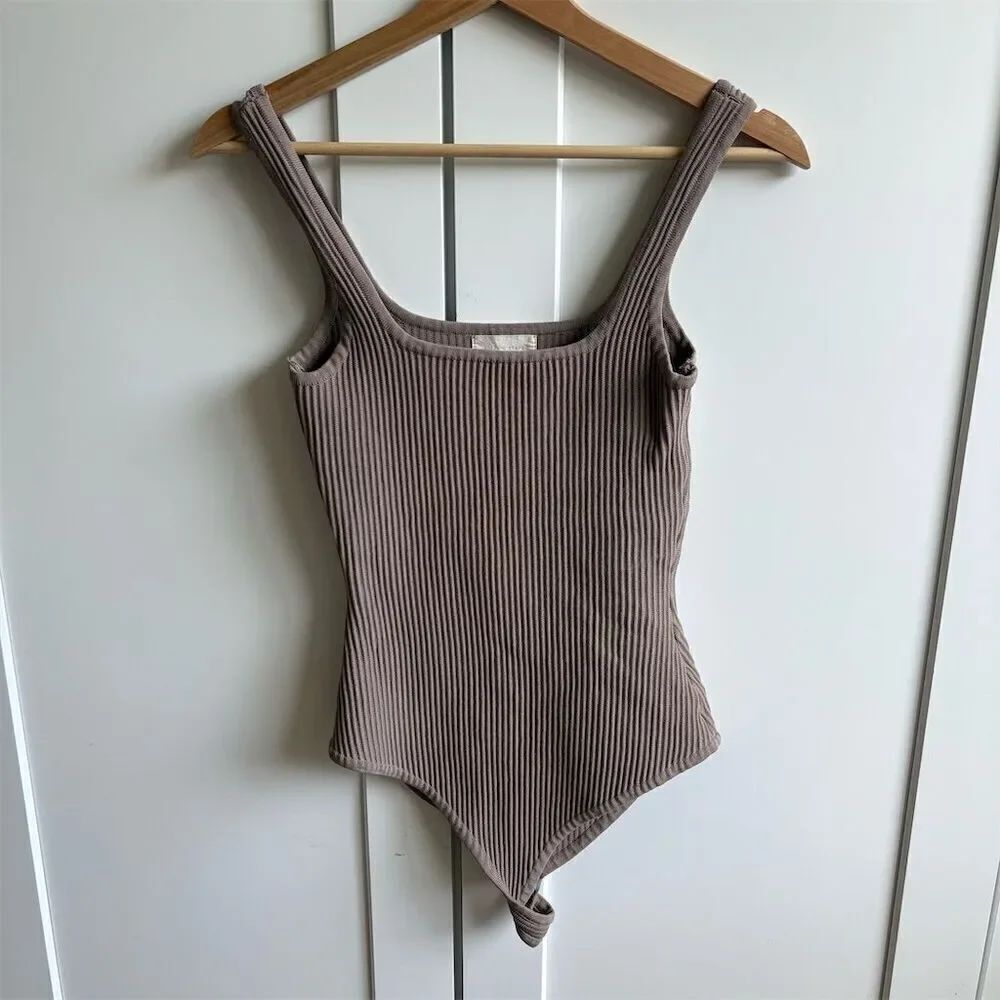 Altar’d State Taupe Ribbed Sleeveless Bodysuit Size S Casual